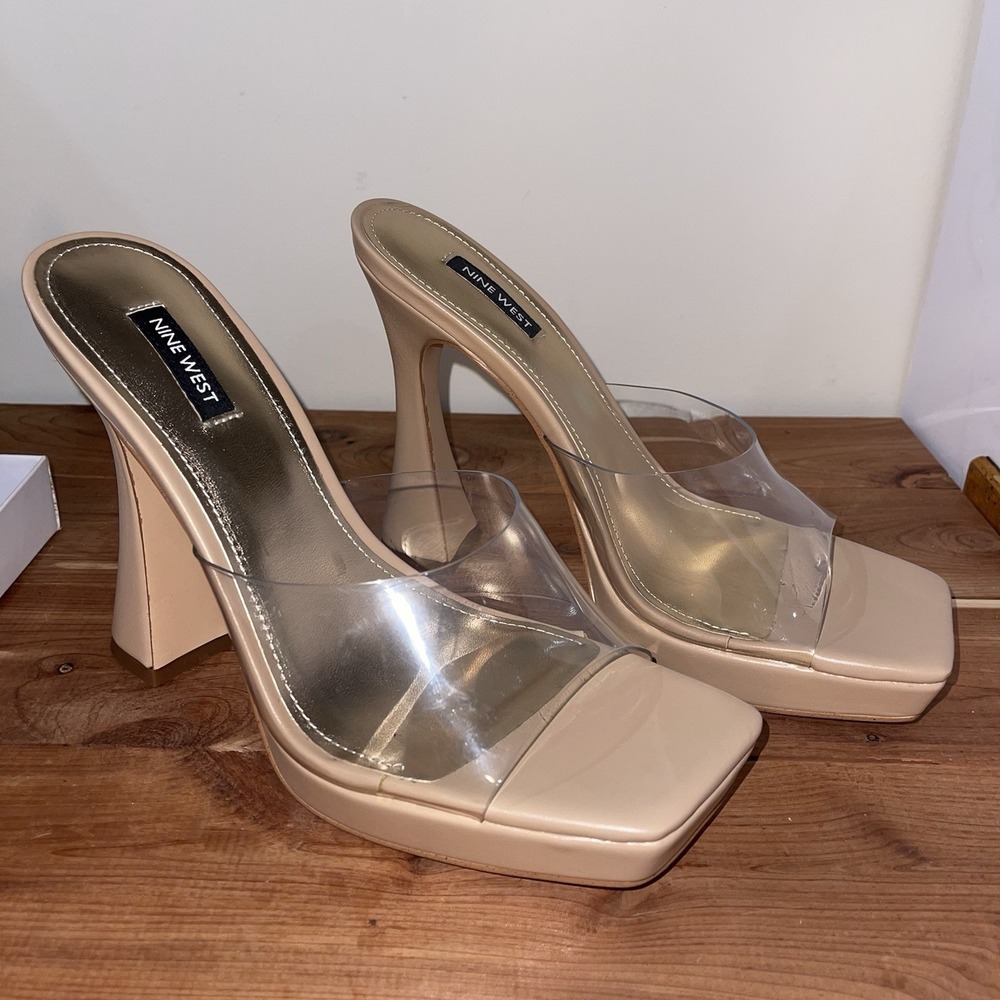 NIB Nine West PLATFORM Warm Blush Pink Ansel Faux Leather Clear Mules 10.5 - Picture 7 of 9